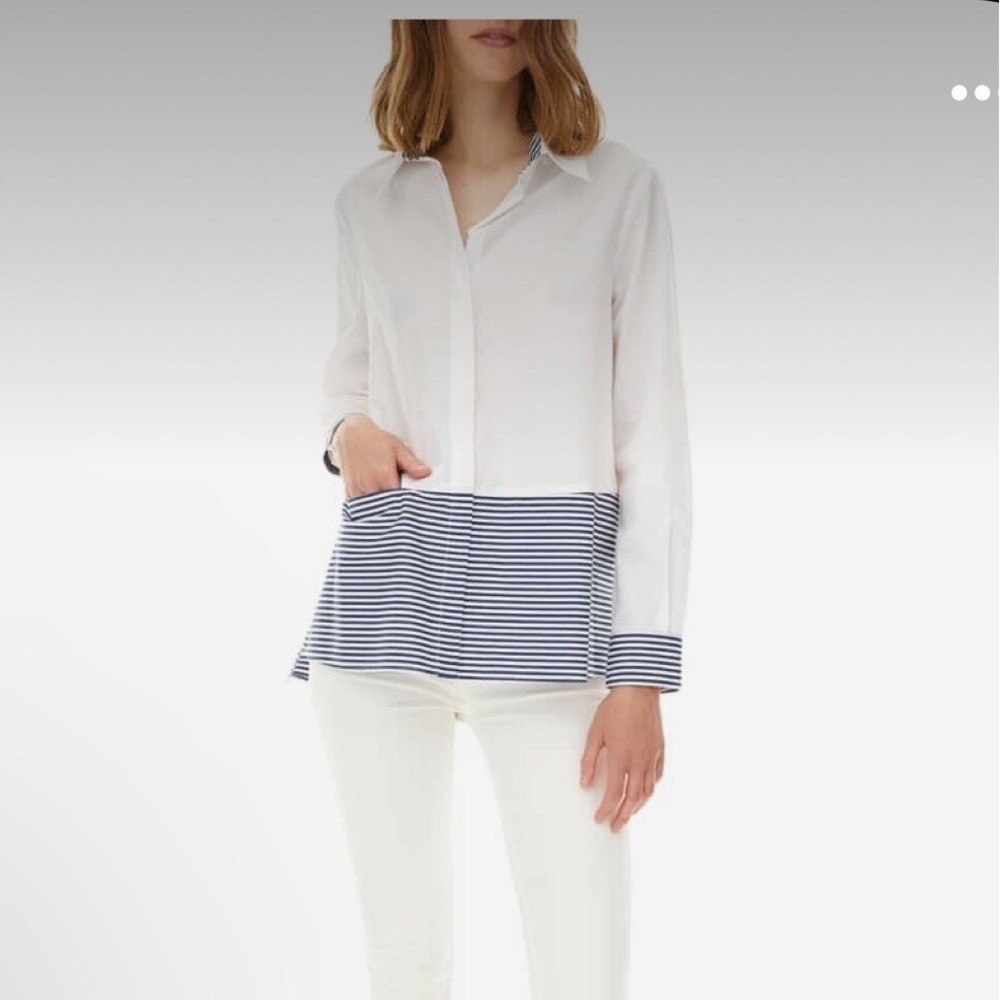 Harshman NEW Azur‎ Long Sleeve Shirt White & Navy Stripe Shirt Medium